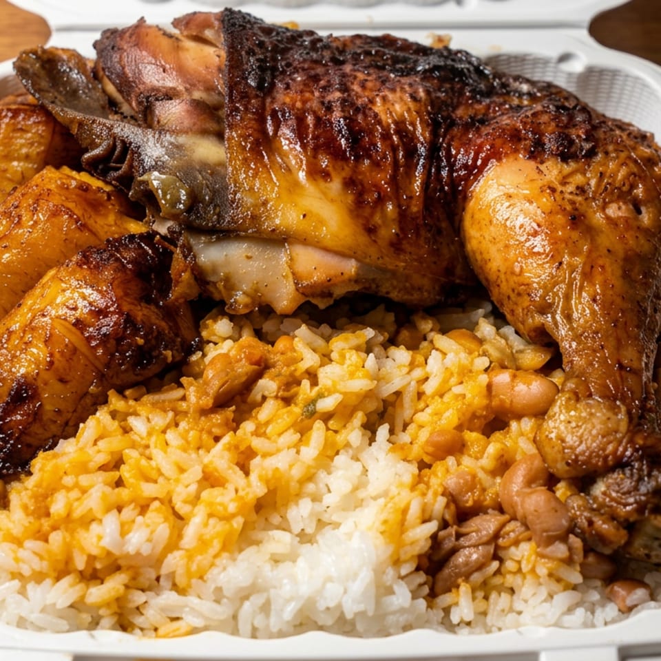 Takeout tray filled with roasted chicken, yellow rice, white rice, and beans on a wooden table.