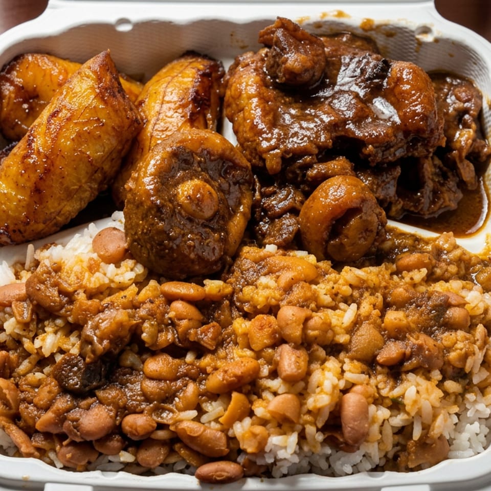 Takeout container filled with rice and beans, fried plantains, and saucy braised meat on a wooden table.