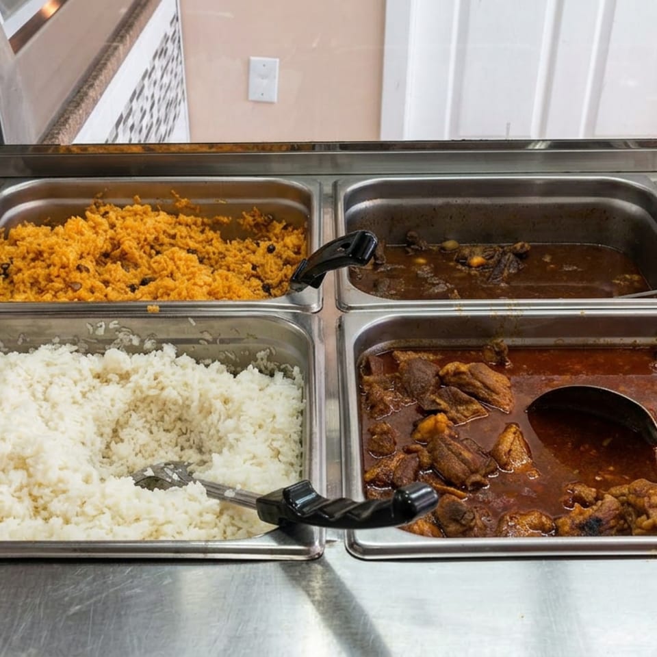 Buffet trays display white rice, yellow seasoned rice, and saucy meat dishes with serving utensils.